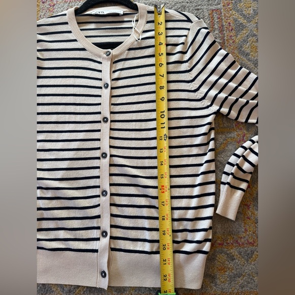 ZARA Cream & Black Striped Button Front Cardigan Sweater Size Small NWOT - Picture 2 of 7